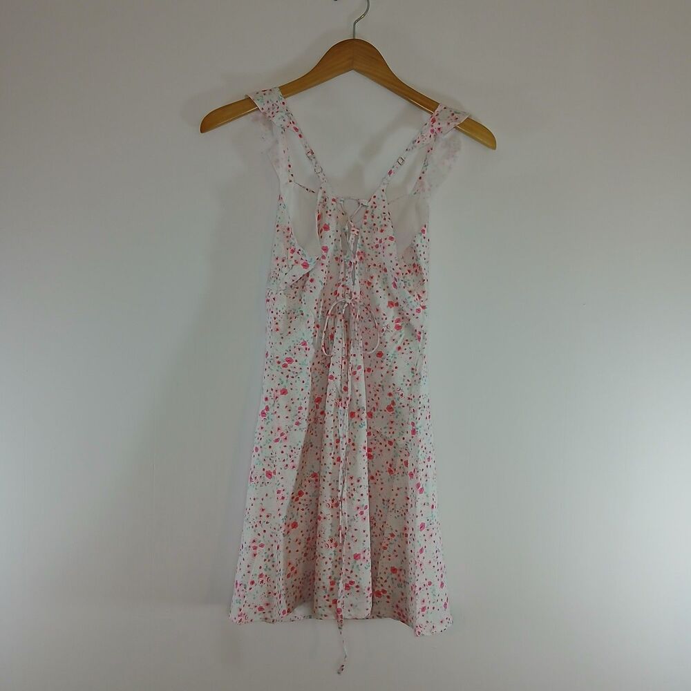 White Pink Floral Summer Dress Criss Cross Tie Back Small Ruffle - Picture 2 of 9